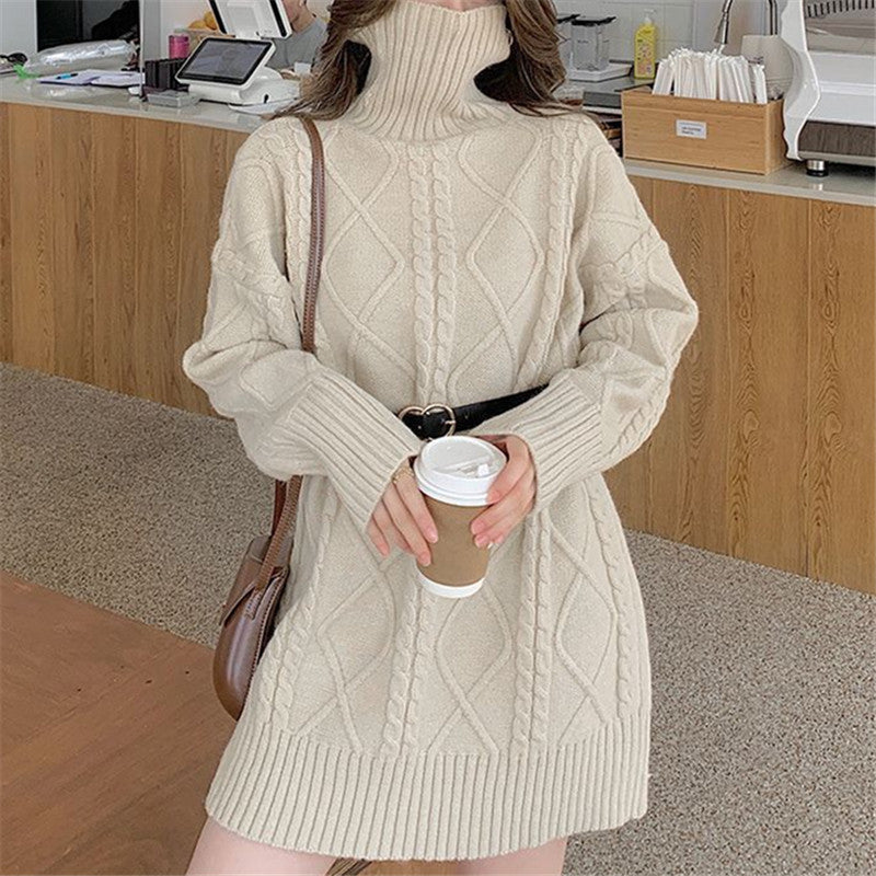 Damen Langer Strickpullover mit dickem Zopfmuster und Stehkragen EB