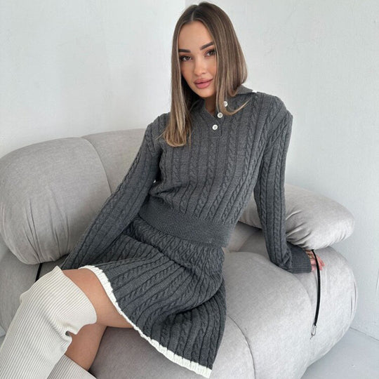 Damen nan Kabelstrick-Set mit Polo-Kragen und ausgestelltem A-Linien-Rock EB