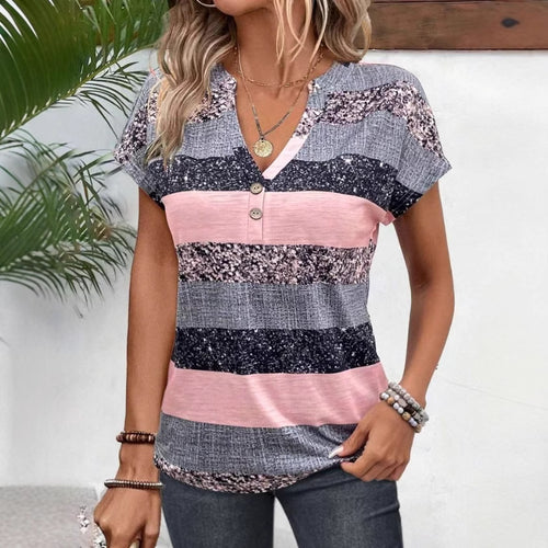 Damen nan gestreiftes Viskosemix-Relaxshirt mit V-Ausschnitt, Krempelärmeln und dekorativer Knopfleiste EB