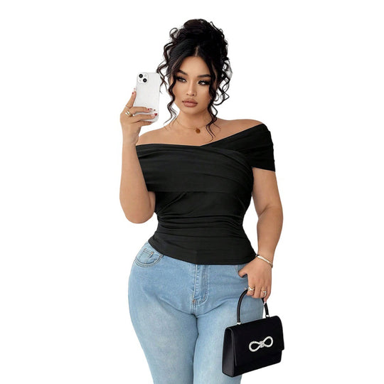 Damen elegantes Wickeloberteil mit schulterfreiem Design und Raffung EB