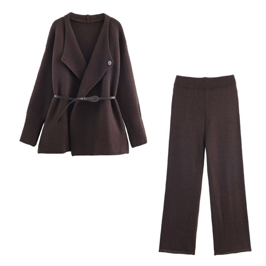 Damen elegantes Strickset mit tailliertem Blazer und weitem Hosenbein EB