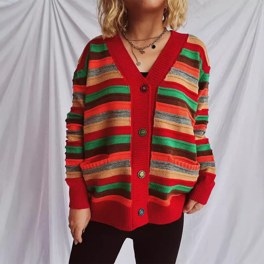 Damen Strickjacke mit buntem Streifenmuster und knöpfbarem Design EB