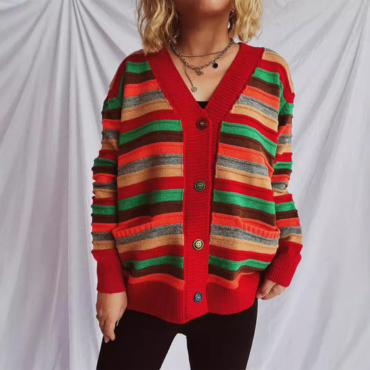 Damen Strickjacke mit buntem Streifenmuster und knöpfbarem Design EB