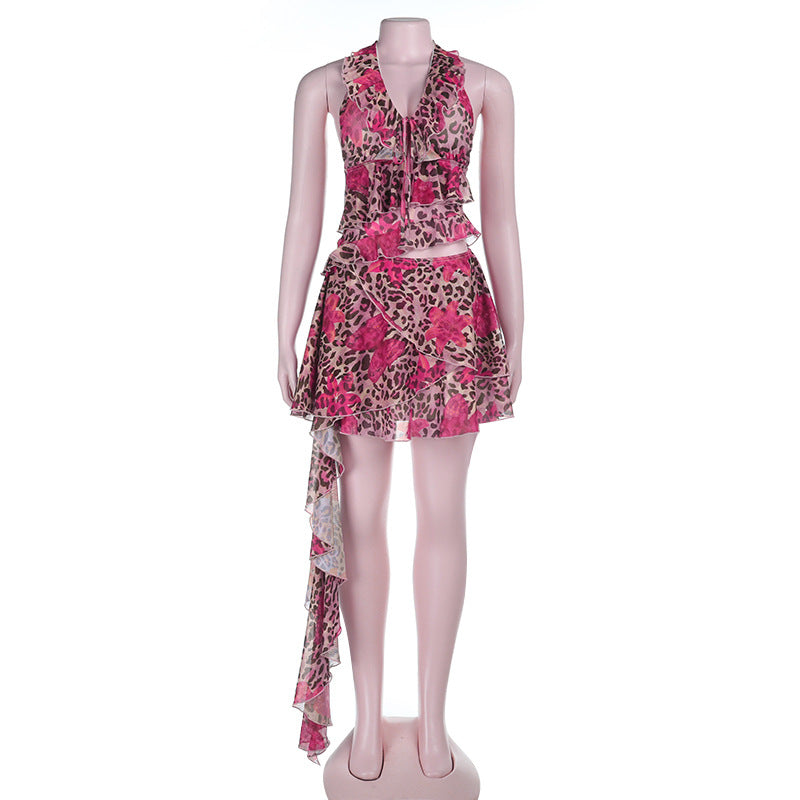 Damen asymmetrisches Wickelkleid mit Rüschendetails und femininem Leopardenmuster EB
