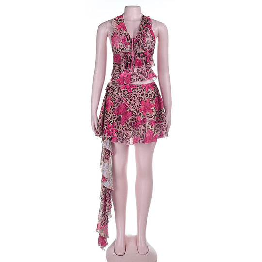 Damen asymmetrisches Wickelkleid mit Rüschendetails und femininem Leopardenmuster EB