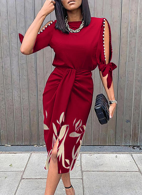 Damen Wickelkleid mit dekorativen Ärmeln und floralem Saum EB