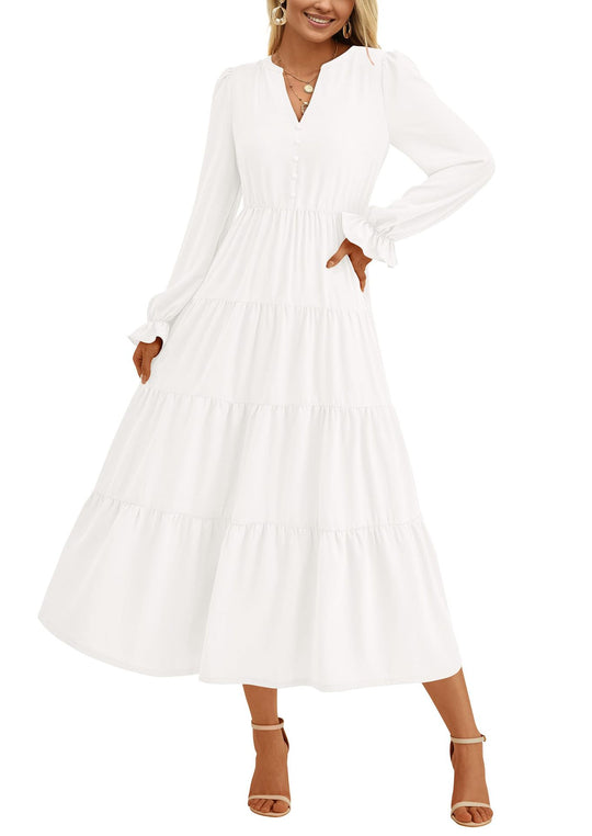 Damen Maxikleid mit romantischen Rüschendetails und elegantem V-Ausschnitt EB