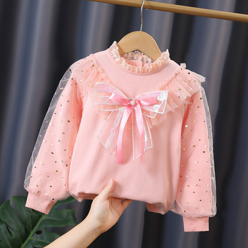 Mädchen modisches Sweatshirt mit dekorativen Tüllärmeln und Schleifendetails EB