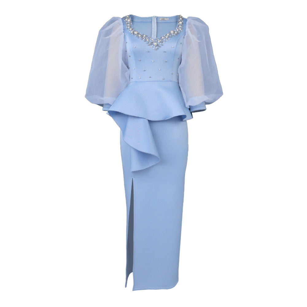 Damen Elegantes Abendkleid mit funkelnden Perlen und voluminösen Tüllärmeln EB