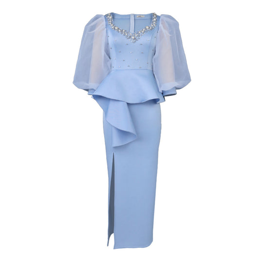 Damen Elegantes Abendkleid mit funkelnden Perlen und voluminösen Tüllärmeln EB