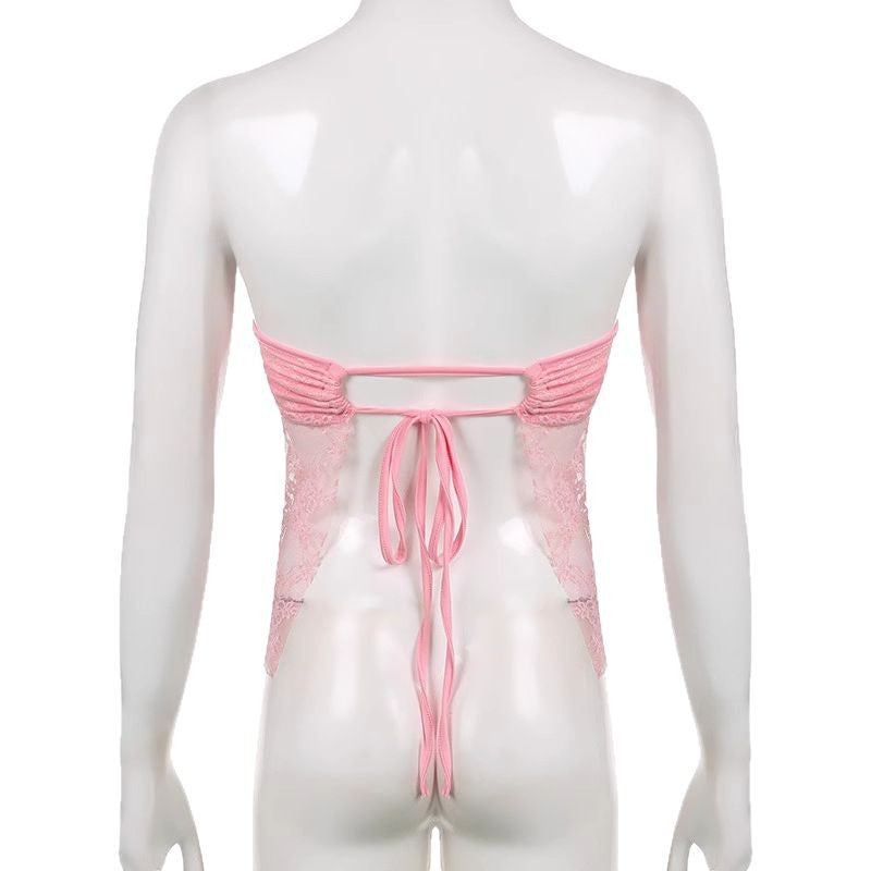 Damen Spitzen-Crop-Top mit elegante Raffung und transparenter Details EB