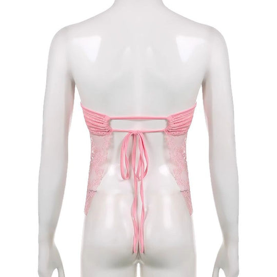 Damen Spitzen-Crop-Top mit elegante Raffung und transparenter Details EB
