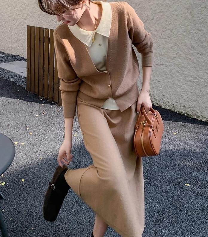Damen Strickensemble mit eleganter Blusenoptik und weitem Rock EB