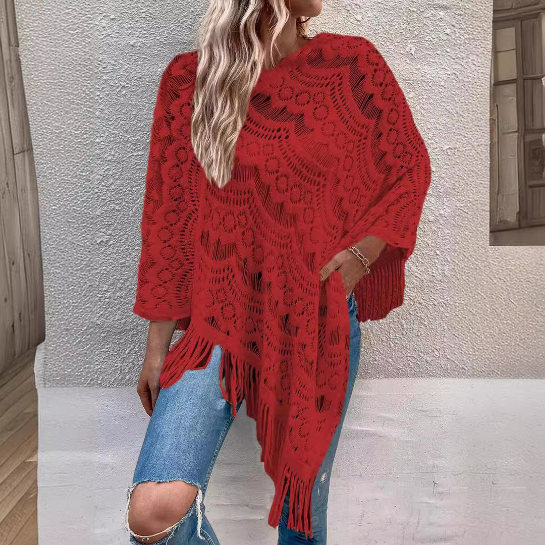 Damen eleganter Poncho mit dekorativem Häkelmuster EB