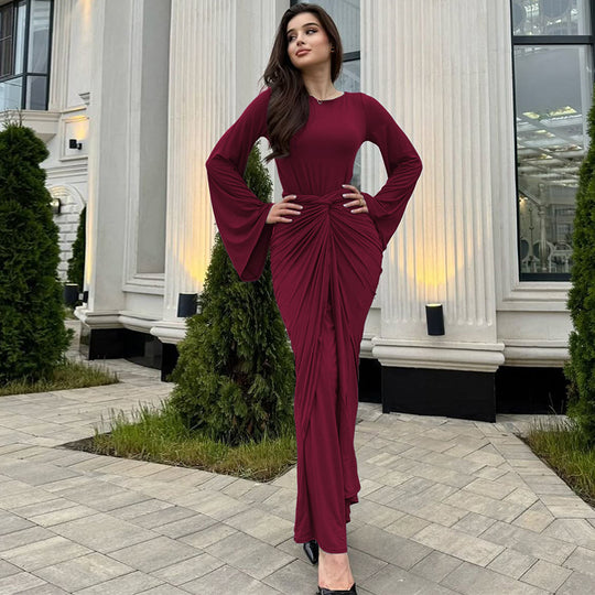 Damen Elegantes Maxikleid mit geschwungenem Saum und lässigen Fledermausärmeln EB