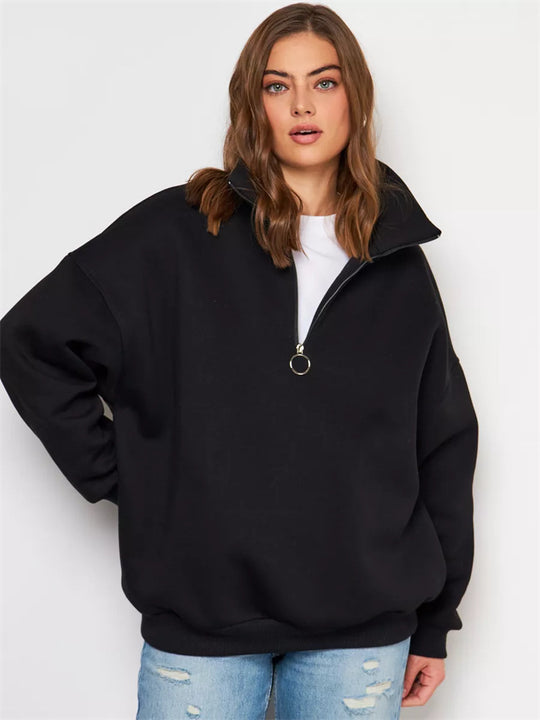 Damen Oversized Halbzip Sweater mit hohem Stehkragen und Rippbündchen EB