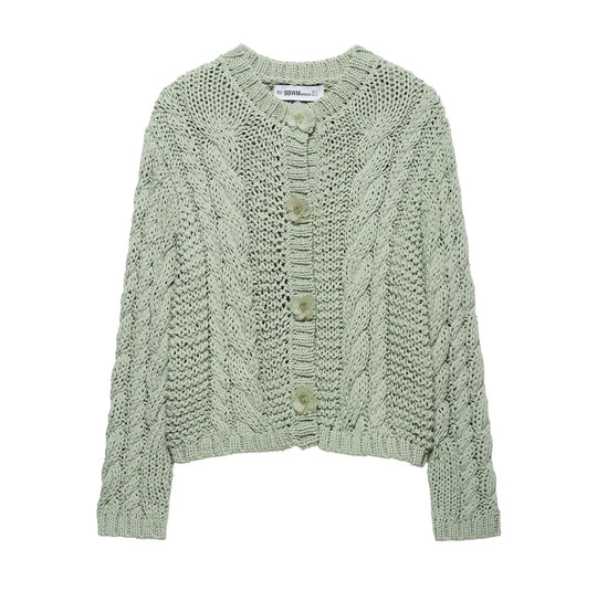 Damen Strickjacke mit Zopfmuster und Knopfdetails EB