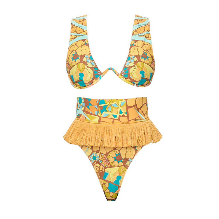 Damen Bikini-Set mit fransigem Saum und kreativem Muster EB