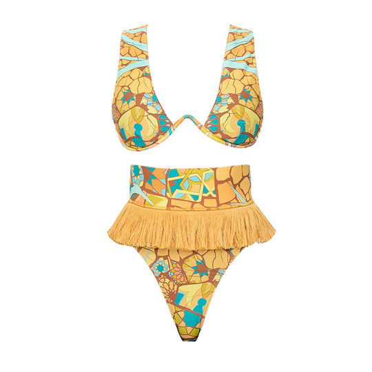 Damen Bikini-Set mit fransigem Saum und kreativem Muster EB