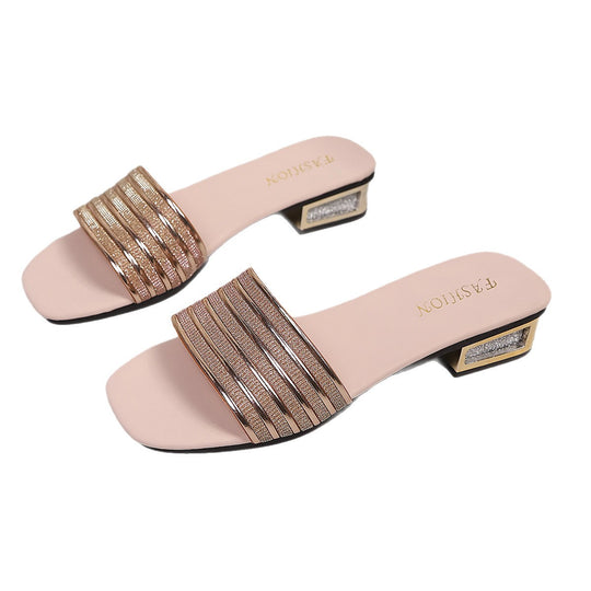 Damen elegante Pantoletten mit glitzerndem Riemen-Design und blockiertem Absatz EB