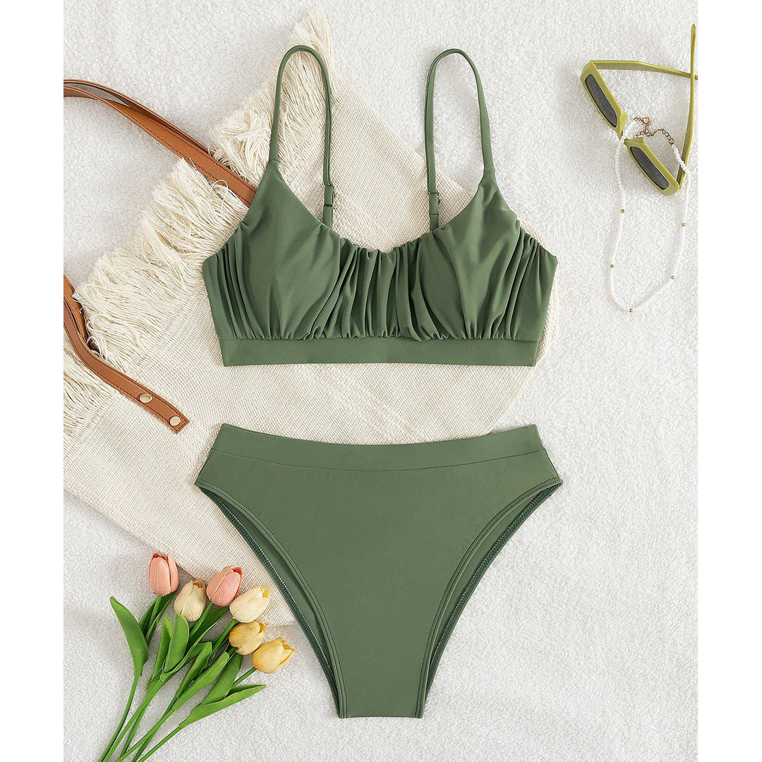 Damen Push-Up Bikini mit gerafftem Oberteil und hohem Bund EB