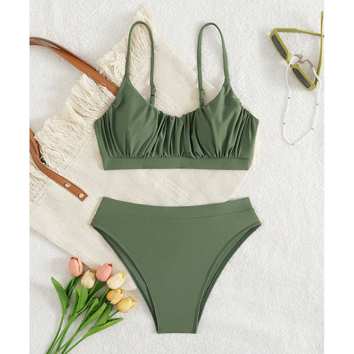 Damen Push-Up Bikini mit gerafftem Oberteil und hohem Bund EB