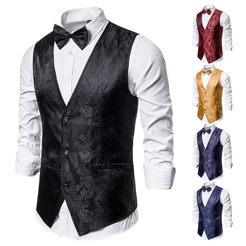 Herren nan taillierte Satinweste mit ornamentalem Jacquardmuster, V-Ausschnitt und drei Knöpfen EB
