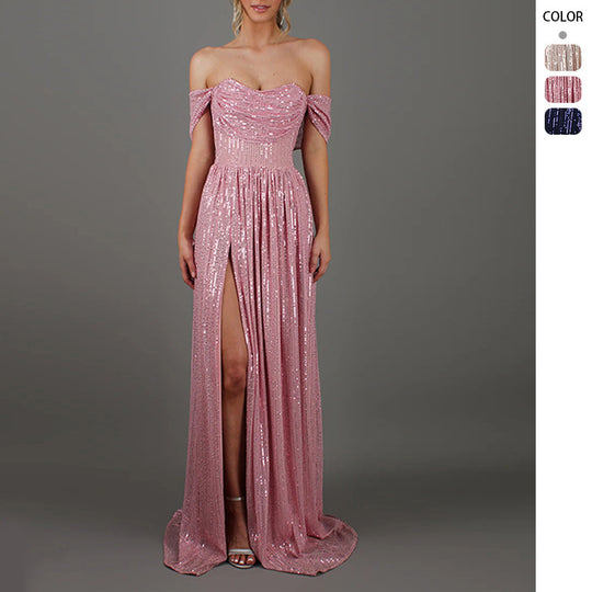 Damen Glitzerndes und schulterfreies Abendkleid mit tiefem Schlitz EB