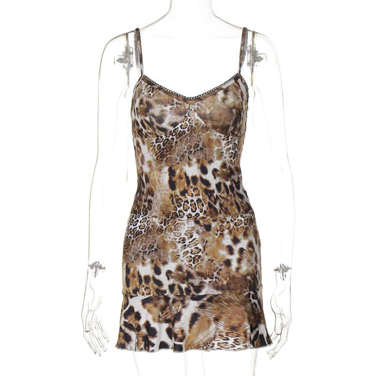 Damen Minikleid mit aufregendem Leopardenmuster und Spitzenbesatz EB
