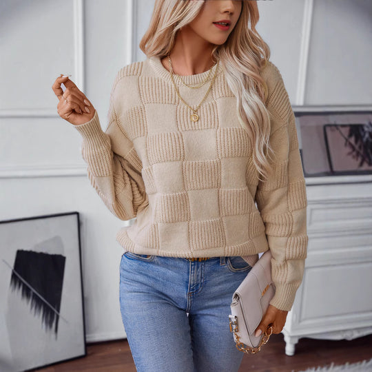Damen Strickpullover mit modischem Karomuster und lässigem Schnitt EB