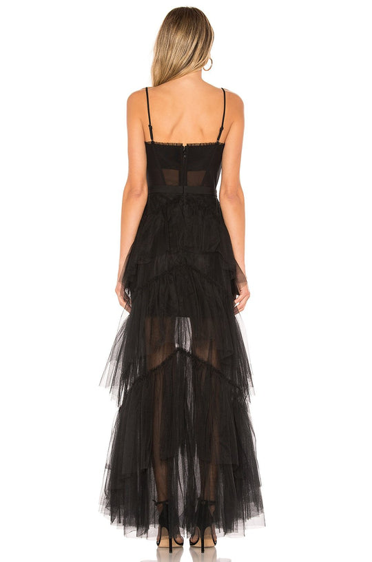 Damen Maxikleid mit mehrlagigem Tüllsaum und transparenter Einsätzen EB