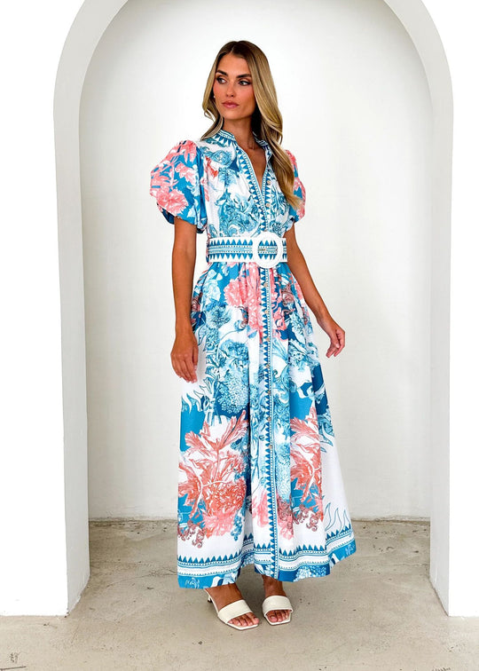 Damen Maxikleid mit hohem Kragen und eleganten Puffärmeln EB