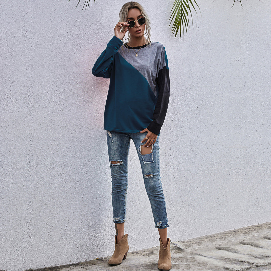 Damen sportlicher Sweatshirt mit modischem Farbblockdesign EB