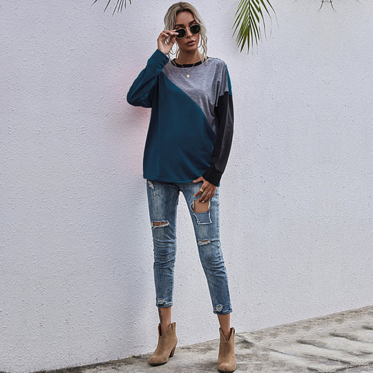 Damen sportlicher Sweatshirt mit modischem Farbblockdesign EB