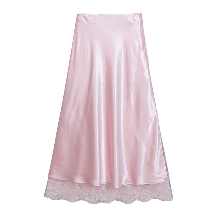 Damen  ausgestellter Satin-Midirock mit feiner Spitzenunterlage und nahtlosem Taillenbund EB