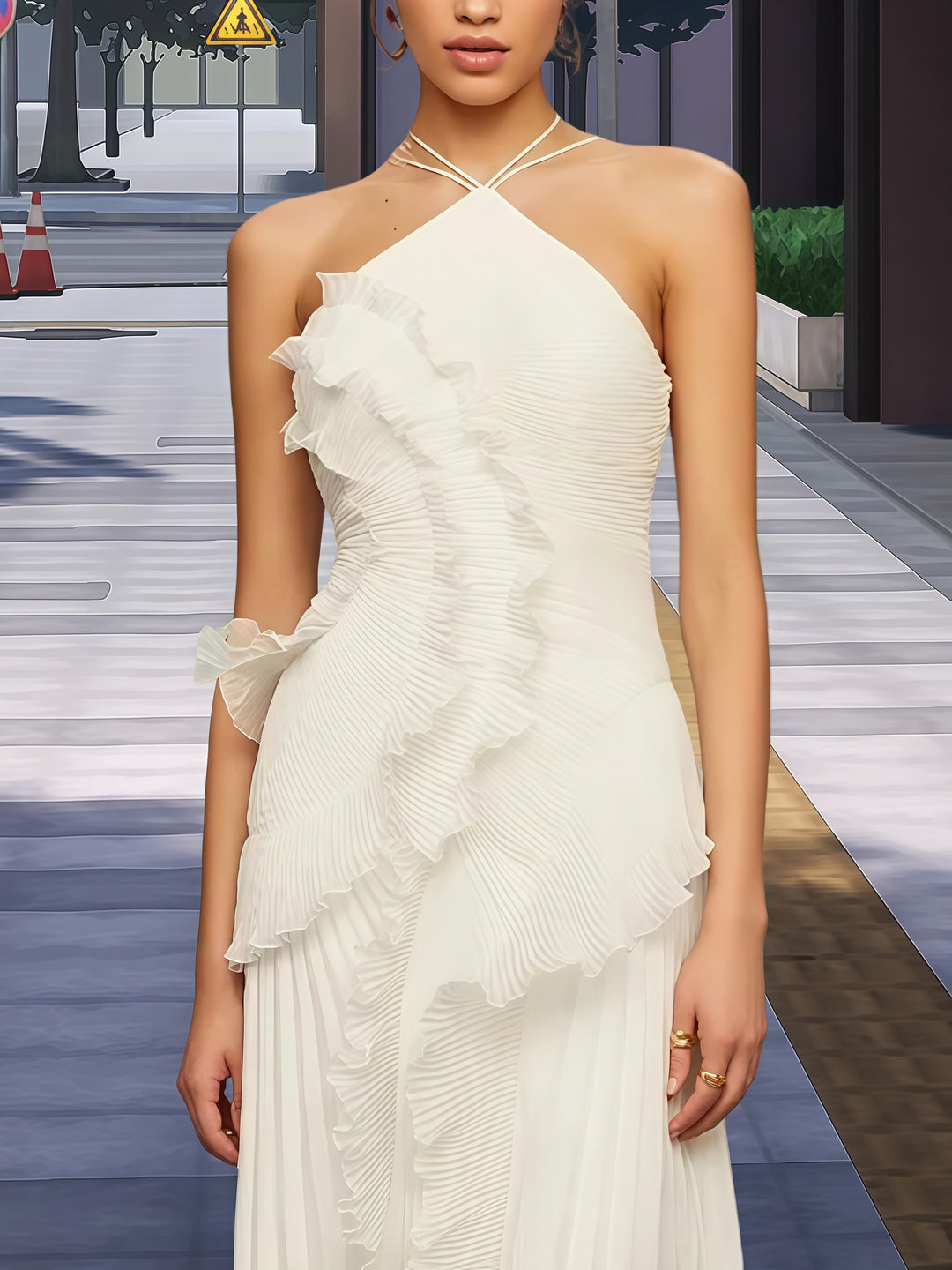 Damen Elegantes Wickelkleid mit fließendem Faltenrock und asymmetrischen Rüschendetails EB