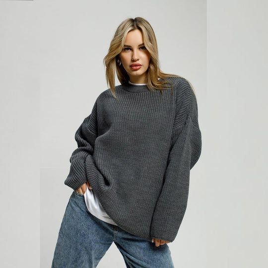 Damen Grob gestrickter Komfortpullover mit Rundhalsausschnitt EB