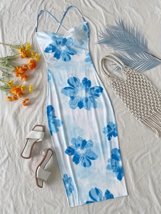 Damen figurbetontes Maxikleid mit attraktiven Spaghettiträgern und floralen Mustern EB