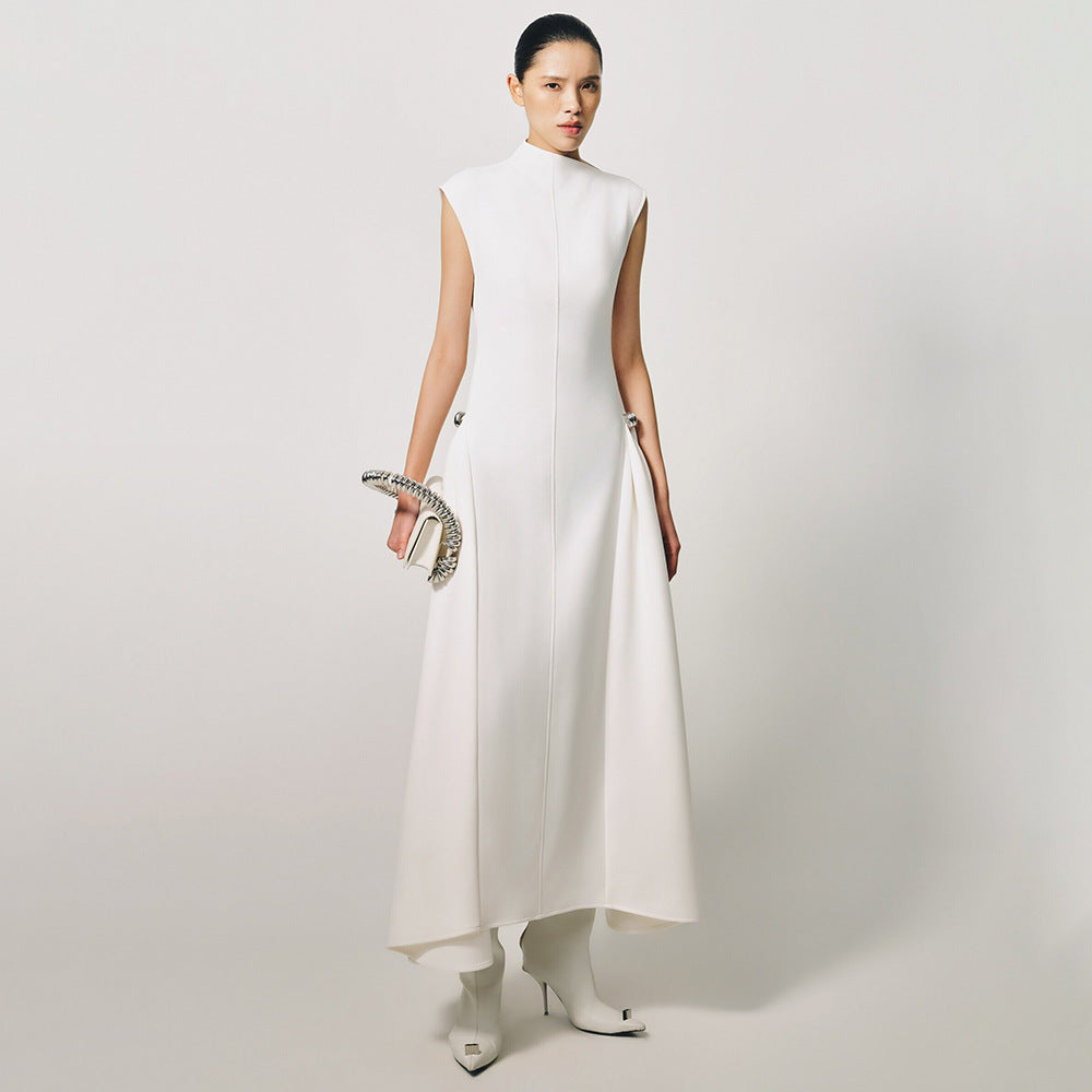 Damen elegantes bodenlanges Kleid mit außergewöhnlichem Kragen und innovativer Silhouette EB