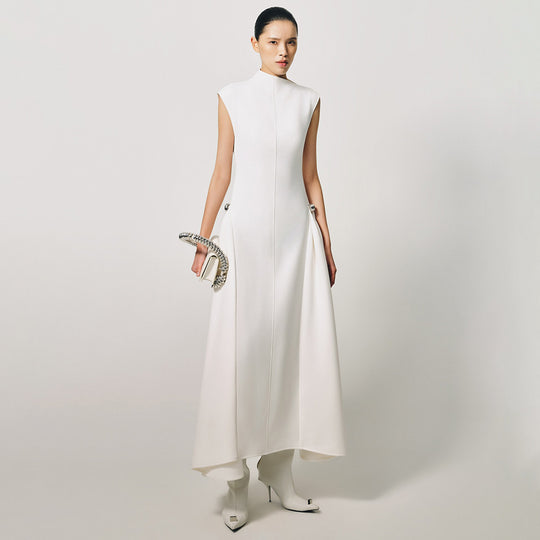 Damen elegantes bodenlanges Kleid mit außergewöhnlichem Kragen und innovativer Silhouette EB