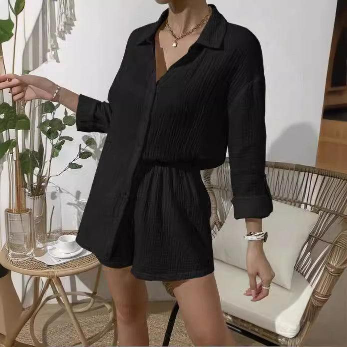 Damen nan luftig-leichter Zweiteiler Lounge-Set aus Baumwoll-Gauze mit Hemdbluse und elastischer Taillen-Shorts EB