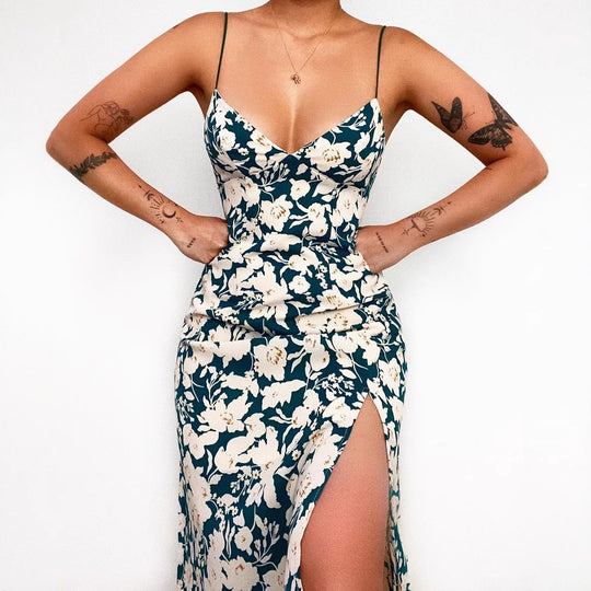 Damen Spaghettiträger Maxikleid mit floralem Design und hohem Schlitz EB