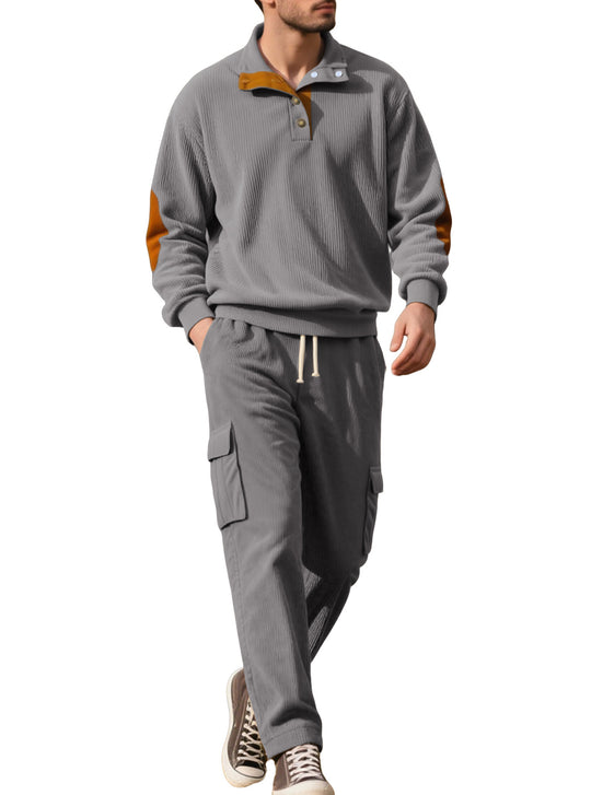 Herren nan strukturierter Troyer-Pullover mit Stehkragen Druckknopfleiste und Velours-Ellenbogenpatch EB
