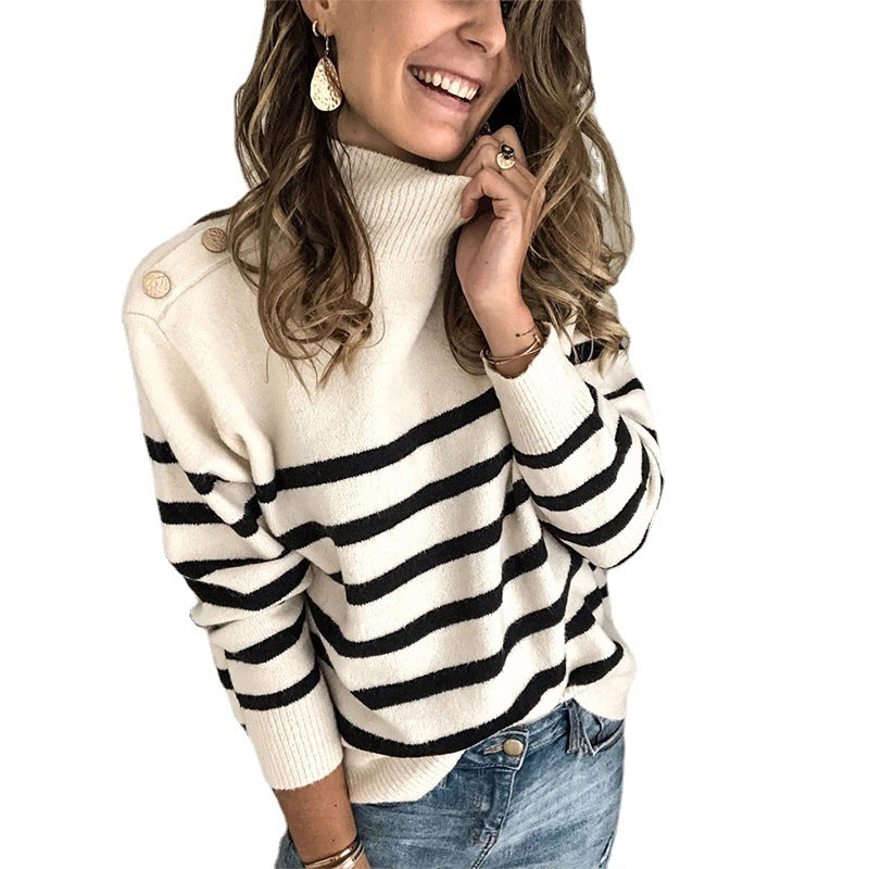 Damen Hochgeschlossen Pullover mit Streifenmuster und dekorativen Knöpfen EB