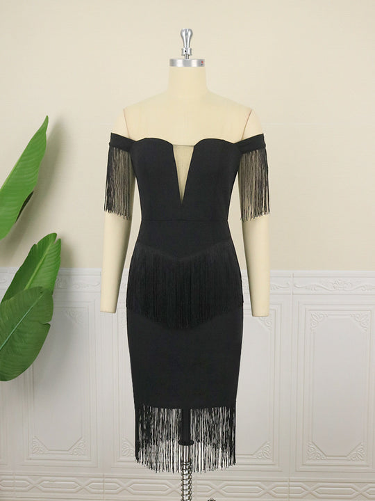 Damen elegantes Cocktailkleid mit Off-Shoulder Design und fransigen Ärmeln EB
