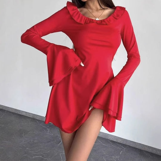 Damen Off-Shoulder Minikleid mit Rüschendetails und langen Ärmeln EB