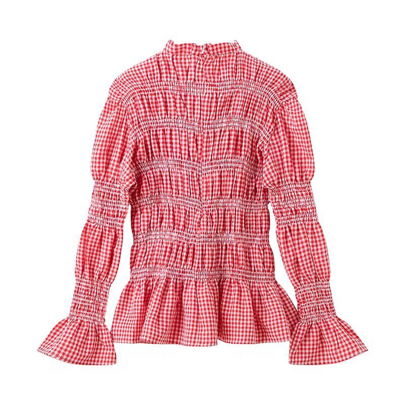 Damen Rüschenbluse mit Gingham-Muster und eleganten Puffärmeln EB