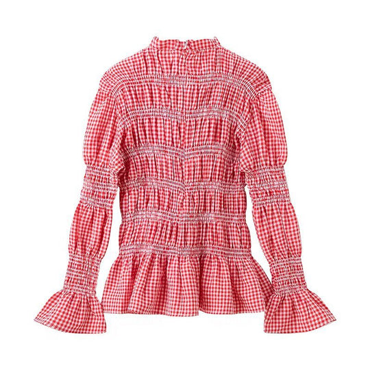 Damen Rüschenbluse mit Gingham-Muster und eleganten Puffärmeln EB