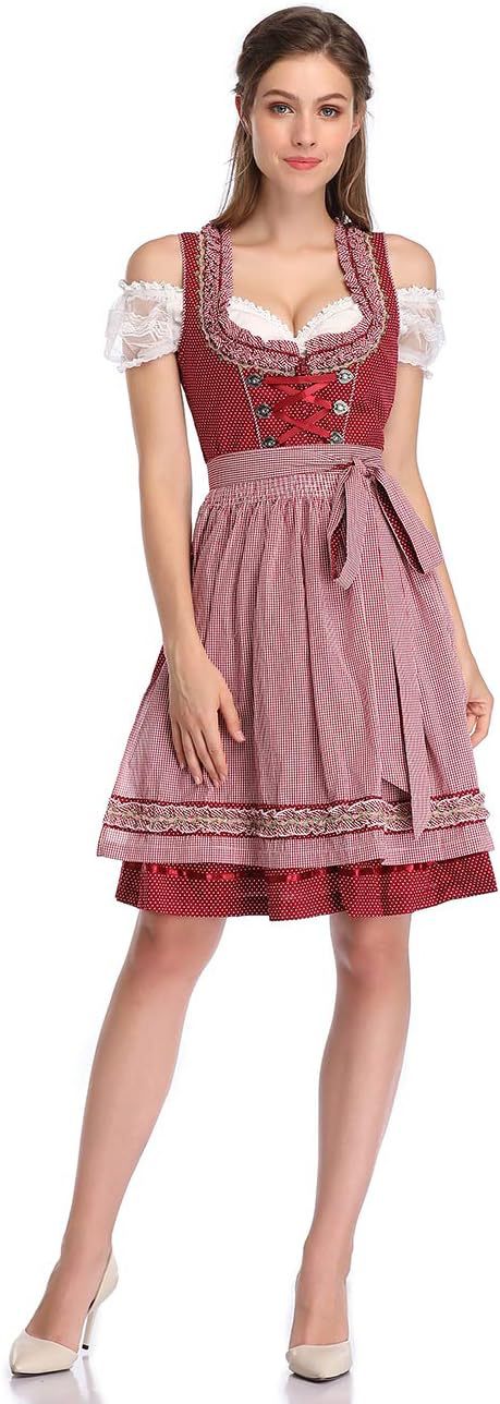 Damen nan traditionelles Dirndlkleid mit Herzausschnitt, korsettähnlicher Schnürung und kariertem Schürzenrock EB