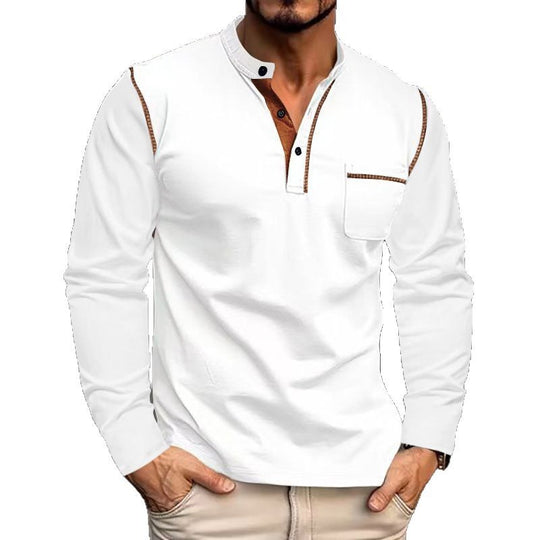 Herren nan legeres Langarm-Henleyshirt mit Stehkragen Knopfleiste und Brusttasche EB